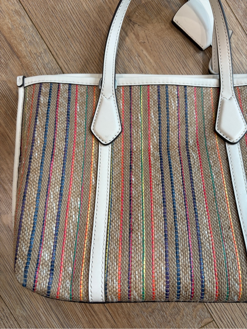 Tory Burch Small Perry Stripe Raffia Tote Multicolor Ivory Leather - Picture 11 of 12